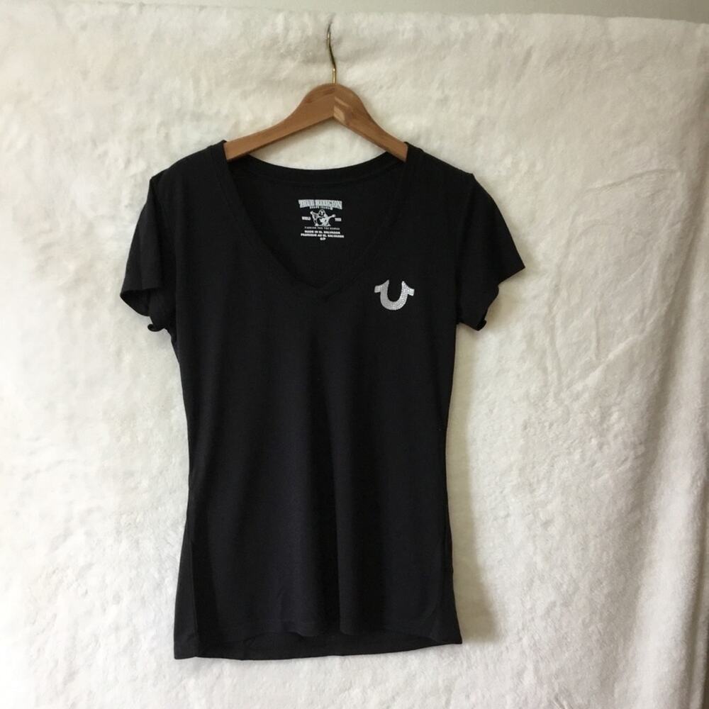 True Religion Black Buddha Crystal V-Neck T-Shirt